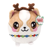 A round corgi plush with a string of holiday lights and a moose antler headband.