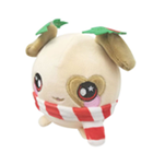 A cute round dog plush with a candy striped scarf.