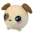 A round brown dog plush with a heart spot around it's eye.