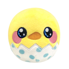 A round yellow duck plush still in half of it's egg shell.