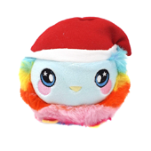 A round rainbow owl plush wearing a santa hat.