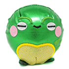 A round and shiny green frog plush.