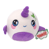 A round white and purple narwhal plush.