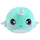 A round green narwhal plush.