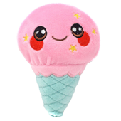 A cute pink ice cream plush in a blue cone.