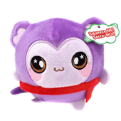 A round purple monkey plush with a red scarf.