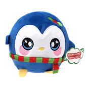 A round blue penguin plush wearing a red and green scarf.