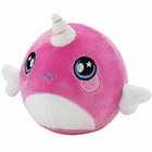 A round pink narwhall plush.