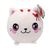 A round white cat plush with a little red bow.