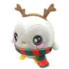 A round penguin plush with a red and green scarf and a moose antler headband.
