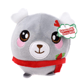 A round grey moose plush with a red scarf.