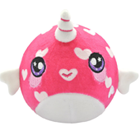 A round pink narwhal plush covered in white hearts.