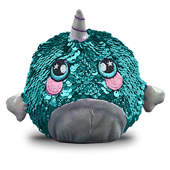 A round narwhal plush covered in teal sequins.