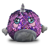 A round narwhal plush covered in purple sequins.