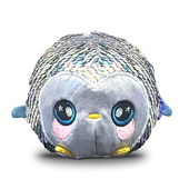 A round penguin plush covered in silver sequins.