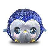 A round penguin plush covered in blue sequins.