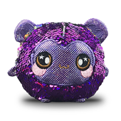 A round monkey plush covered in purple sequins.