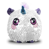 A round unicorn plush covered in white sequins.