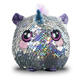 A round unicorn plush covered in silver sequins.