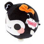 A round black plush with a white face and black eyes.