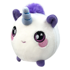 A round white unicorn plush with a purple mane.